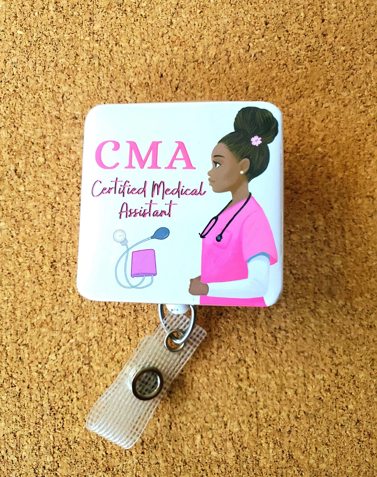 CMA Certified Medical Assistant Pink ID Retractable Badge Holder: Non Swivel Alligator REFLECTIONS BY ZANA Moore than Scrubs