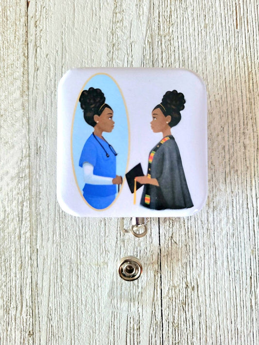 Nursing, Healthcare or Grad Student ID Badge: Alligator Reel / Blue Scrubs REFLECTIONS BY ZANA    Moore than Scrubs
