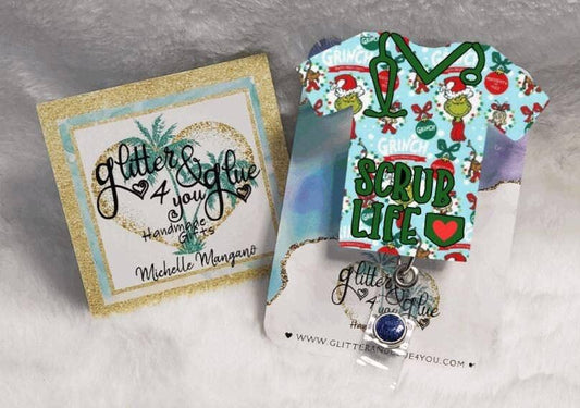 Grinch Christmas Scrub Life, Retractable Interchangeable Custom Badge, Doctors Office, Hospital, Scrub top, Medical, ID - Moore than Scrubs LLC