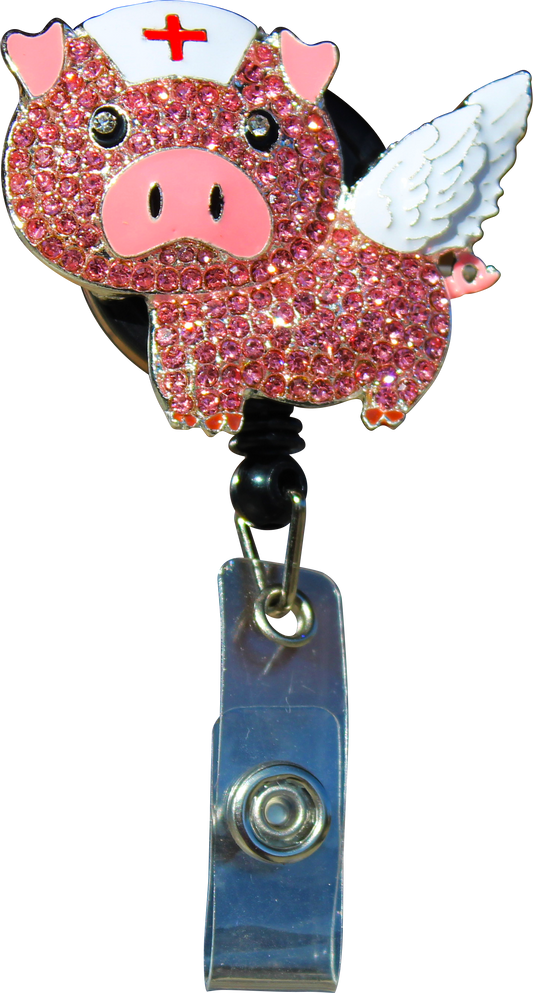 Flying Nurse Pig Sparkle And Shine Badge Reel - Moore than Scrubs LLC