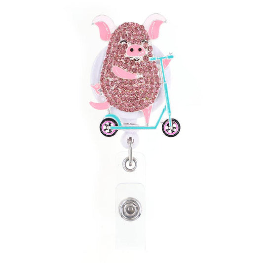 Piggy on Scooter Sparkle and Shine Rhinestone Badge Reel - Moore than Scrubs LLC