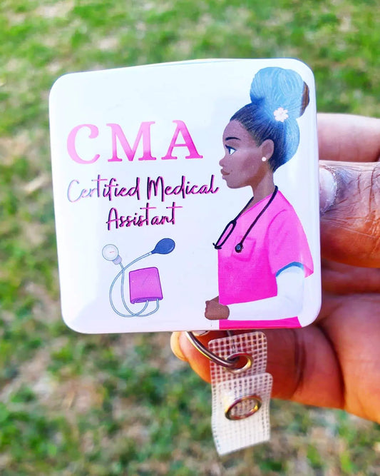 CMA Certified Medical Assistant Pink ID Retractable Badge Holder: Non Swivel Alligator REFLECTIONS BY ZANA    Moore than Scrubs