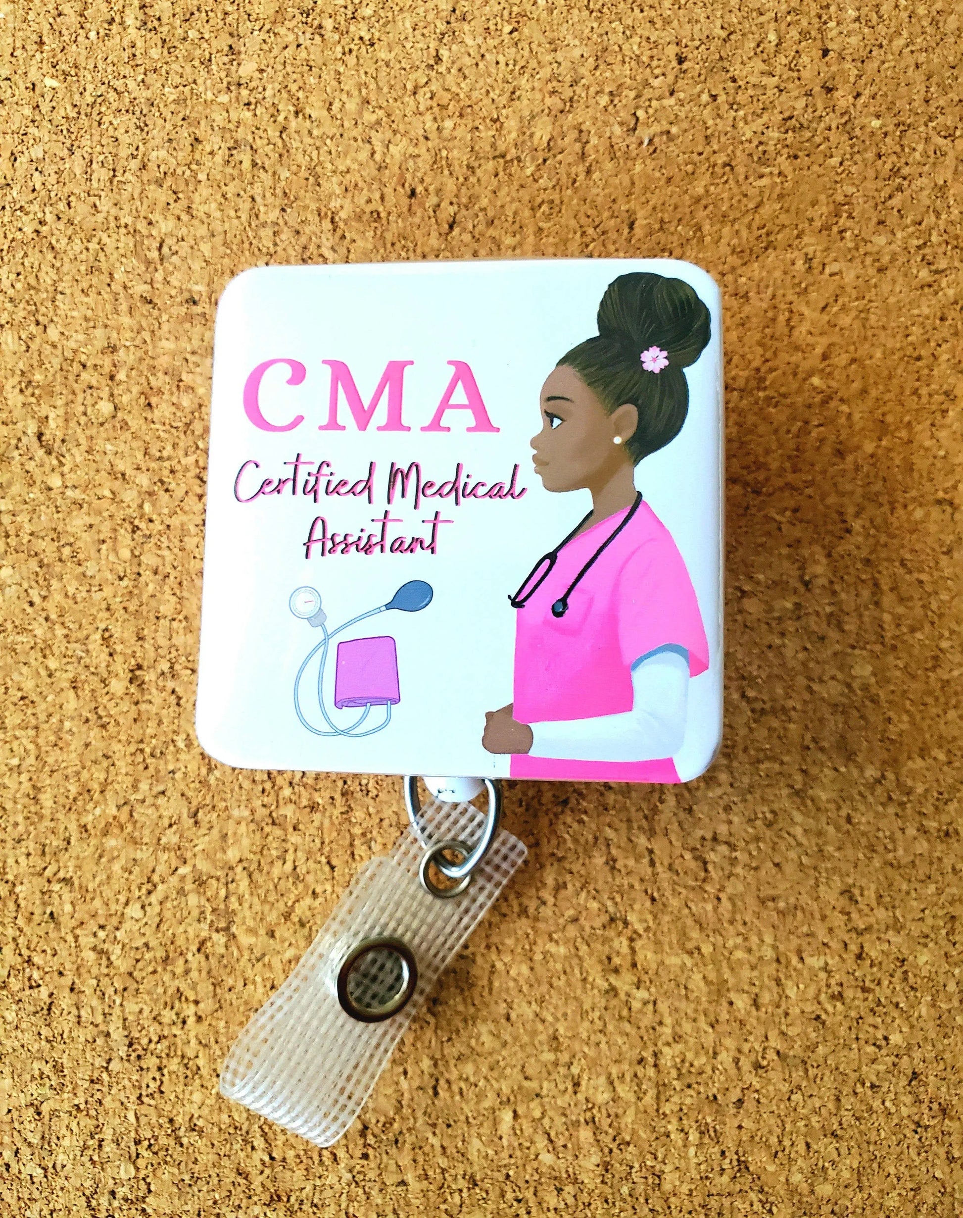 CMA Certified Medical Assistant Pink ID Retractable Badge Holder: Non Swivel Alligator REFLECTIONS BY ZANA    Moore than Scrubs