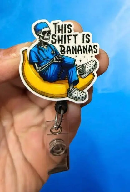 This Shift is Bananas  medical Badge Reel Holder   : Swivel alligator clip Fuzzy Edges Crafts LLC    Moore than Scrubs