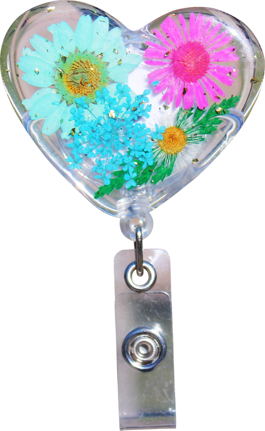 Glitterific Badge Reel Pink and Blue Flower Heart - Moore than Scrubs LLC