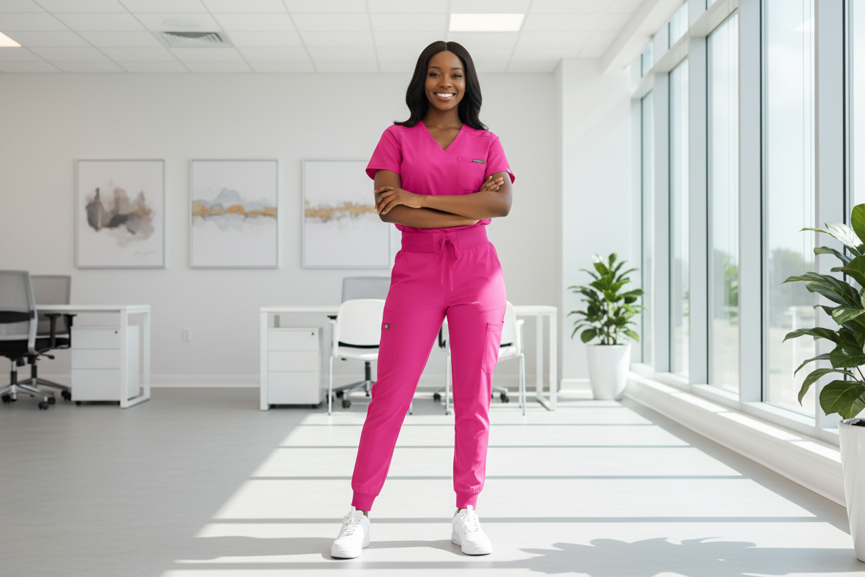 African American healthcare professional in hot pink scrubs