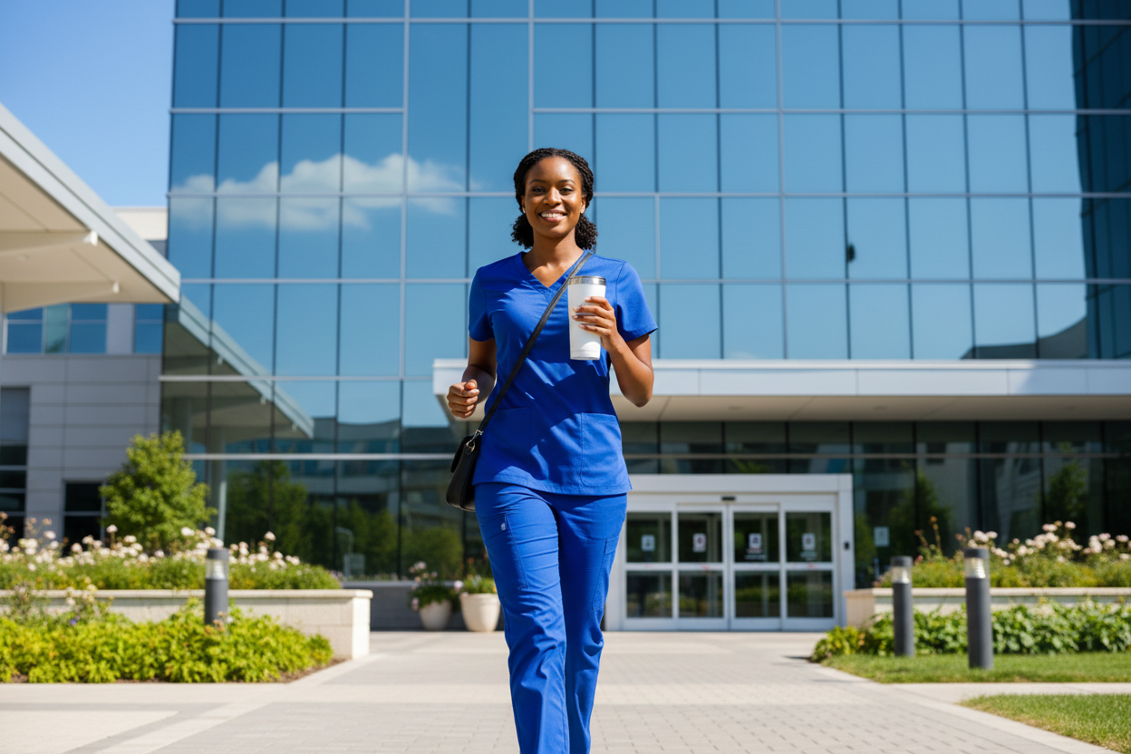 African American healthcare professional walking to hospital in royal blue scrubs