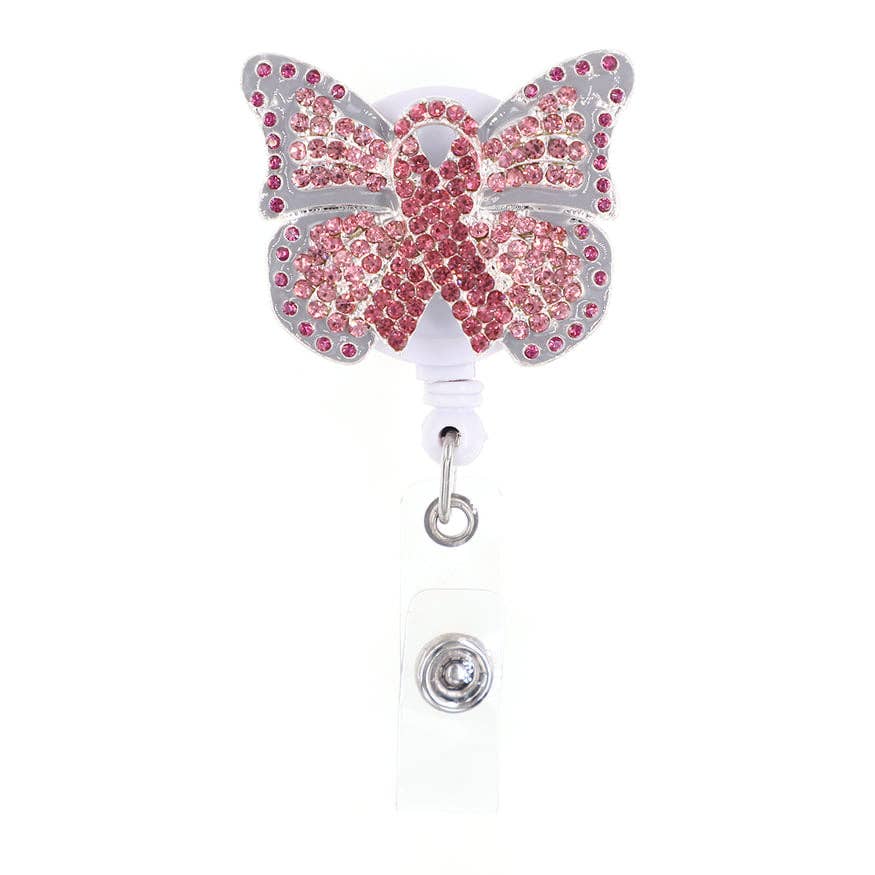 Pink Ribbon Butterfly Sparkle and Shine Rhinestone Badge Reel OUTSIDE THE BOX, LLC